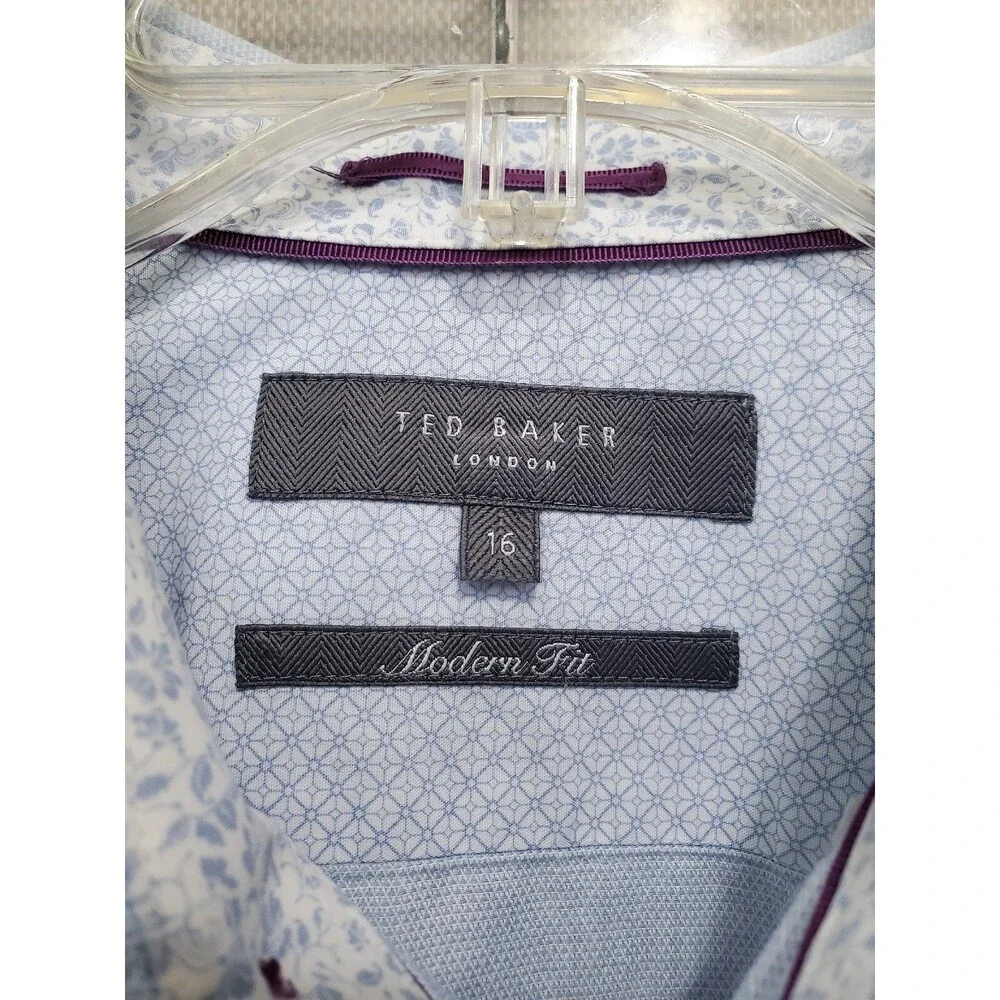 Ted Baker London Modern Fit Blue Flip Cuff Button-Down Long Sleeve Shirt Neck 16 - Picture 2 of 7